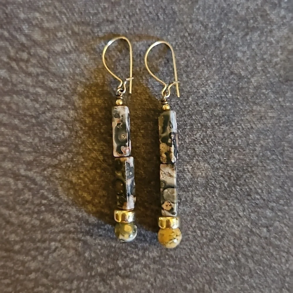 3/$30 HANDMADE Rhodonite Beaded Stick Dangle Hook Earrings